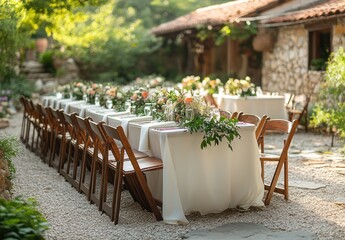 Obraz premium Rustic outdoor wedding reception. Long table with floral centerpieces, wooden chairs, and stone building backdrop.