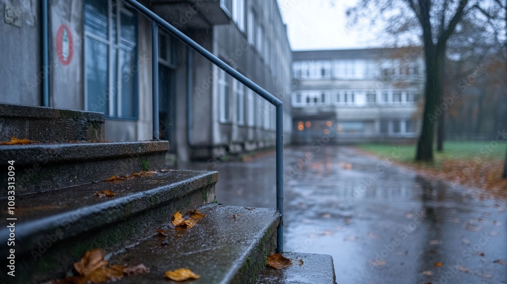 Poster Wet Steps Leading to a Foggy Building Surrounded by Autumn Leaves on a Gloomy Day, Evoking a Sense of Serenity and Introspection in Nature