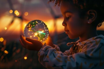 Naklejka premium Enchanting Child Holding Illuminated Globe in a Magical Sunset Scene with Soft Light and Spinning Motif