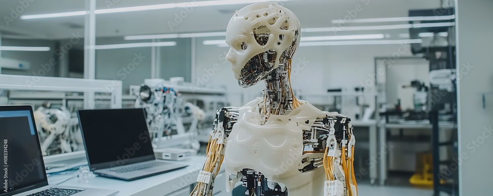 Poster a humanoid robot with a skeletal structure in a lab setting, showcasing advanced technology.