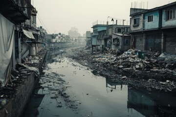 Obraz premium A Polluted Urban Waterway Running Through a Neglected Cityscape Highlighting Environmental Issues and Urban Decay in Modern Society