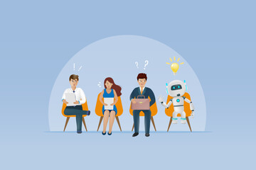 AI robot sit among recruitment candidates for interview on vacant job. Career and job disruption from artificial intelligence technology.  Vector.	 
