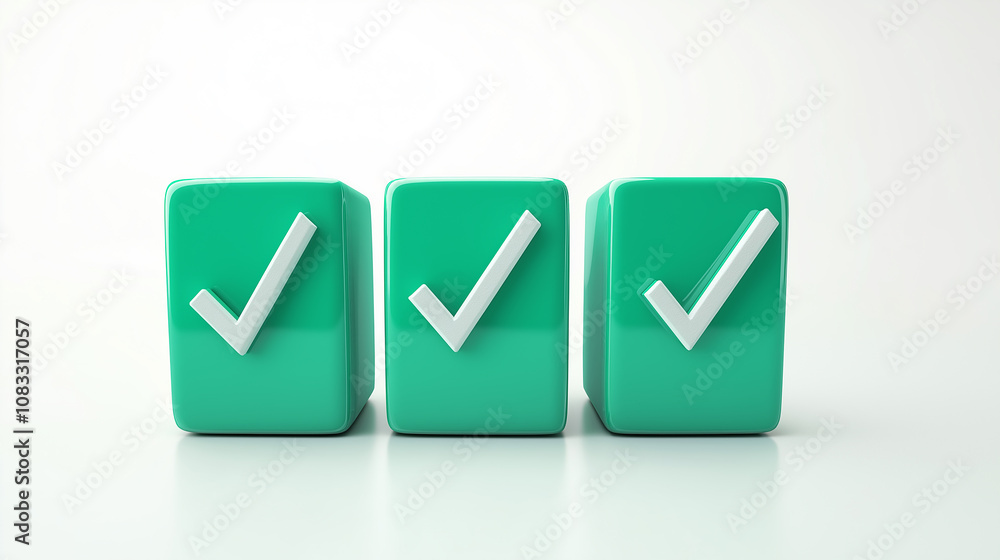 Poster three check marks showing positive result on green cubes