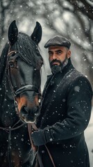 Naklejka premium Turkish Man with Horse in Snowy Setting