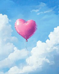 Fototapeta premium pink heart balloons floating in the sky A heart-shaped balloon drifting in blue sky.