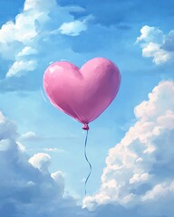 Fototapeta premium pink heart balloons floating in the sky Heart-shaped balloon floating in blue sky.