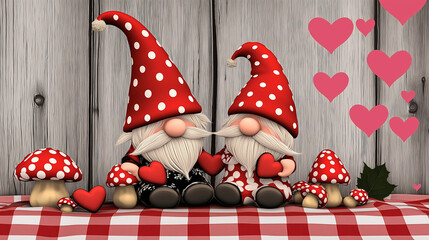 Obraz premium Gnomes holding hearts and celebrating valentine's day with mushrooms