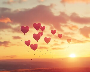 Fototapeta premium pink heart balloons floating in the sky Colorful heart balloons floating at sunset.