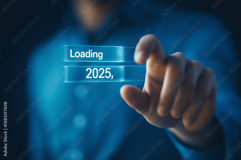 Poster businessman loading year 2025 with futuristic digital display