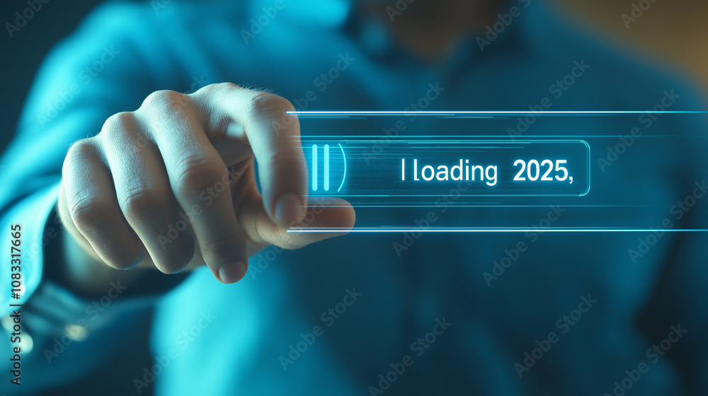 Poster businessman loading year 2025 with futuristic interface