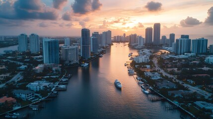 Fototapeta premium 14. A bird eye shot of a city is waterfront with docks, boats, and modern skyscrapers reflecting on the water