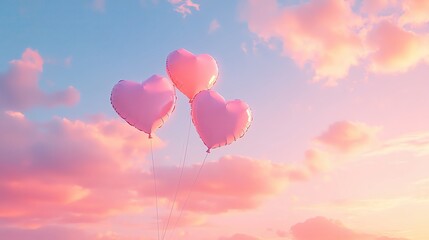 Fototapeta premium pink heart balloons floating in the sky Heart-shaped balloons floating in a pastel sky.