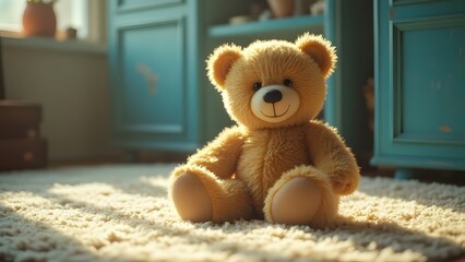 A cute brown teddy bear sitting in a cozy, softly lit room with a warm and inviting atmosphere.