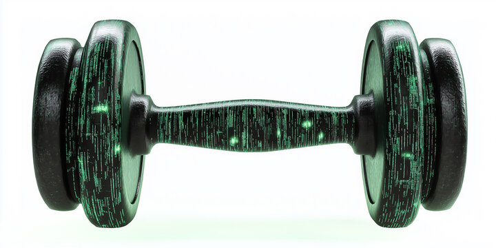 Dumbbell showing futuristic digital fitness technology with binary code