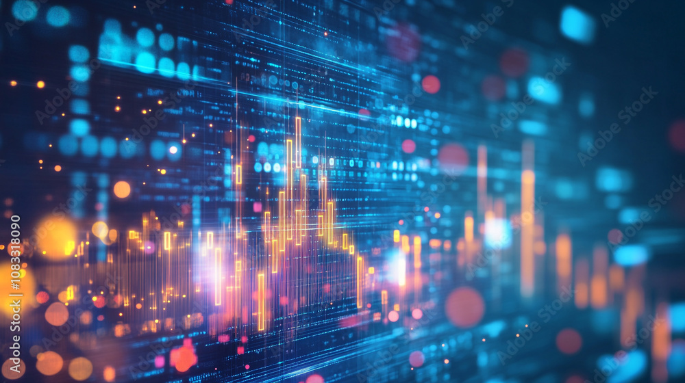 Poster visual representation of digital data analysis with glowing charts and vibrant colors at night