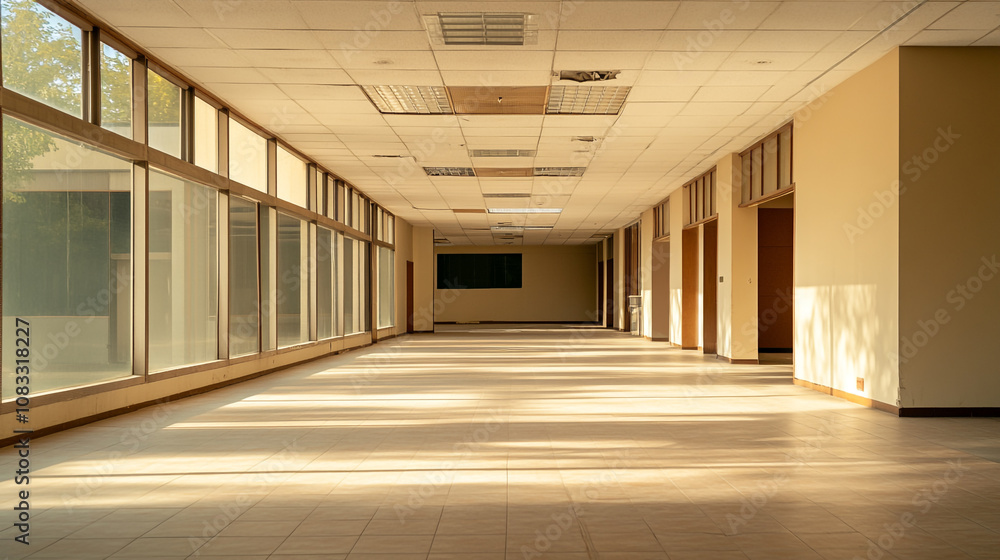 Poster bright and spacious corridor in an empty building with large windows and natural lighting