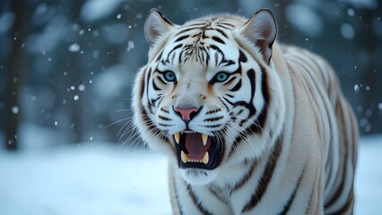 Fototapeta premium A fierce tiger in a snowy environment, showcasing the power and intensity of this wild predator in winter.