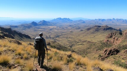 Obraz premium A hiker gazes over a vast mountainous landscape under a clear blue sky.