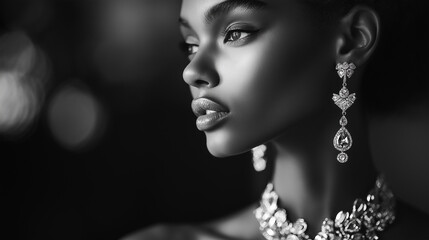Fototapeta premium Fashion model wearing luxury jewelry in black and white portrait
