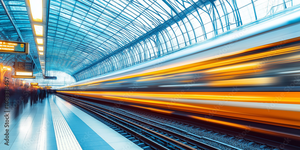 Aufkleber blurred high speed train passing through a modern railway station
