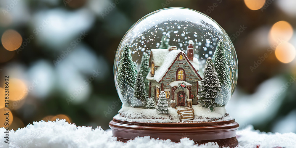 Aufkleber christmas snow globe showing cozy illuminated cottage during snowfall with christmas tree lights in 