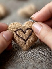 love heart hand movement concept. Hands holding a stitched heart on a textured fabric background.