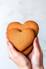 love heart hand movement concept. Hands holding heart-shaped gingerbread cookies against a light background.
