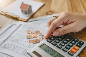 Close-Up of Hand Using Calculator with Coins