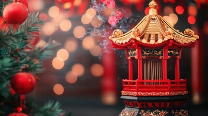 Fototapeta premium Chinese New Year festival honors ancestors' concept. A vibrant, festive scene featuring a decorative red and gold incense burner amidst blurred lights and festive ornaments.