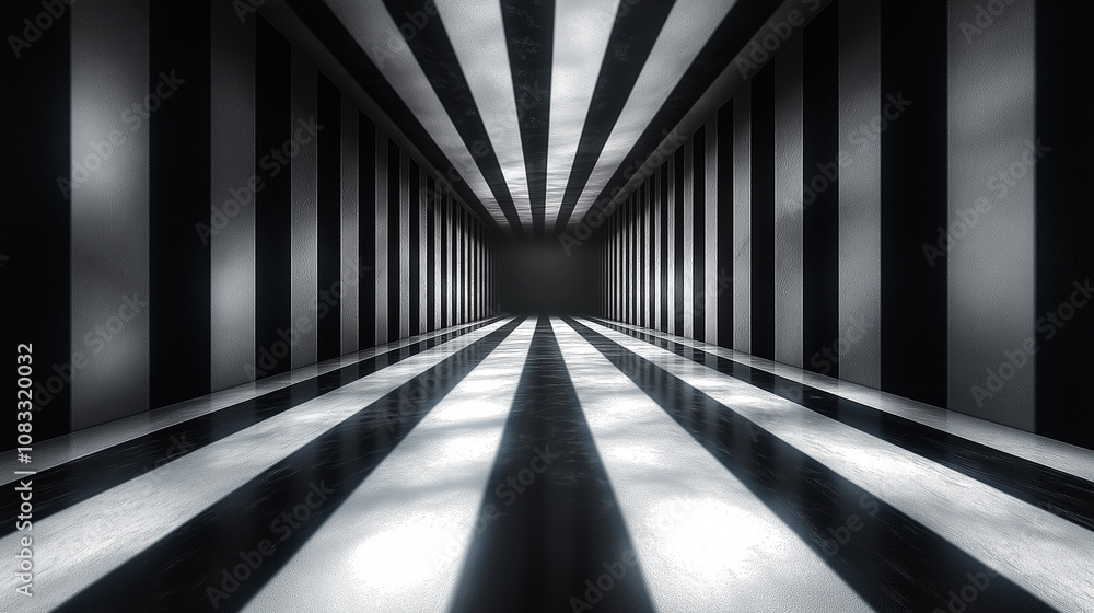 Poster black and white stripes creating a tunnel effect with dramatic lighting