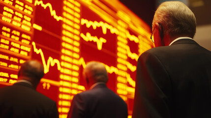 Fototapeta premium Stockbrokers observing decreasing stock market data on a big display