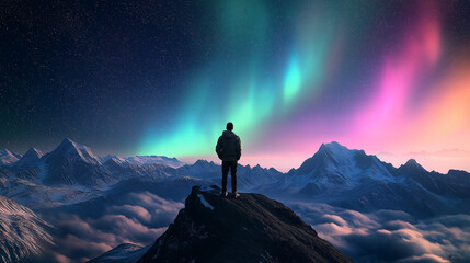 Fototapeta premium Hiker observing aurora borealis over snowy mountains at night