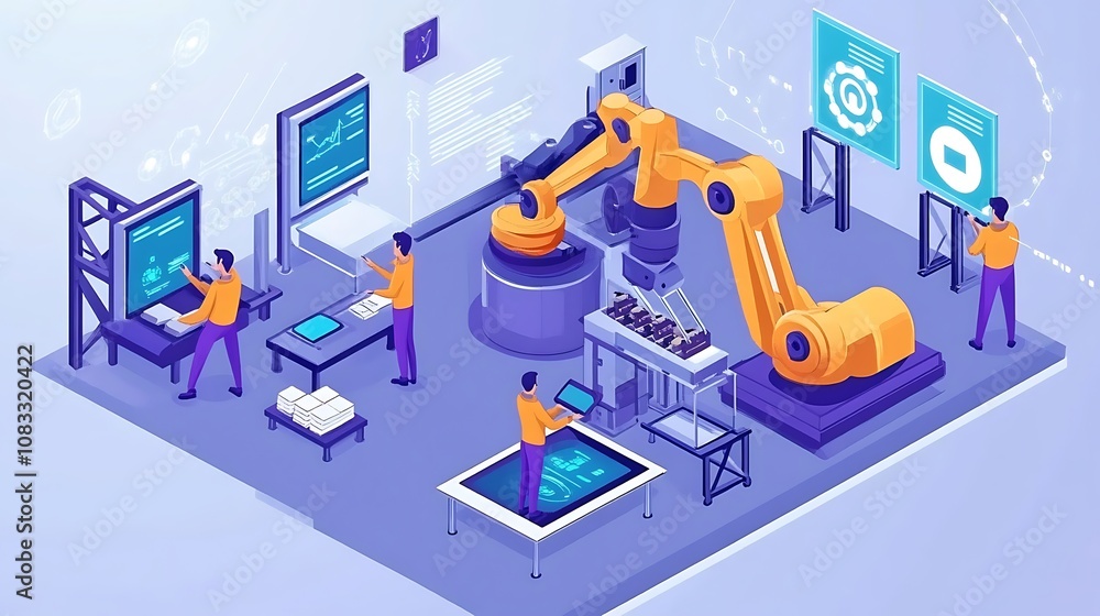 Poster a digital illustration of a modern automated factory with robotic arms and workers.