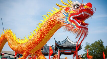 Fototapeta premium Chinese New Year festival honors ancestors' cA vibrant dragon dance showcasing a colorful dragon, symbolizing strength and good luck, with traditional decorations and performers in an outdoor setting.