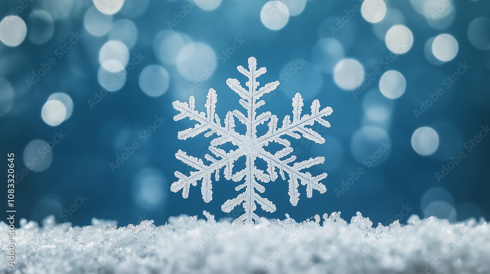 Poster big snowflake standing on snow with blue bokeh background