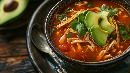 Delicious steaming chicken tortilla soup with fresh avocado and cilantro
