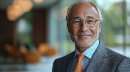 Fototapeta premium Portrait of a senior businessman with glasses and a suit smiling warmly in a bright and modern office setting.