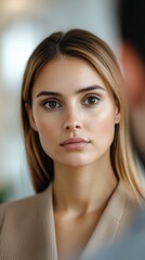 Captivating portrait of a young woman indoor studio photography soft lighting close-up beauty and emotion