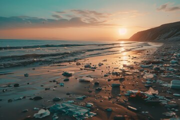 Obraz premium Pollution on a Beach at Sunset: A Stark Contrast Between Natural Beauty and Plastic Waste Scattered Along the Shoreline