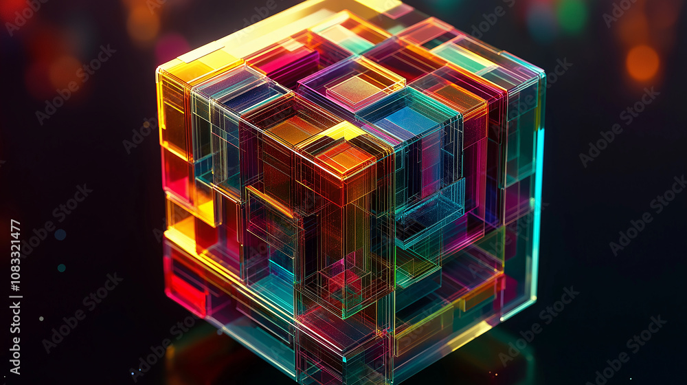 Poster colorful transparent cube forming complex structure with vibrant colors and reflections