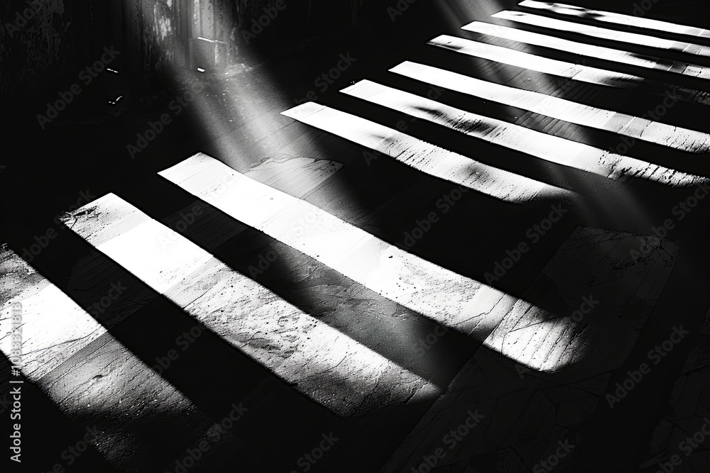 Poster shadows and rays of sunlight creating patterns on a textured floor in a quiet indoor space during th
