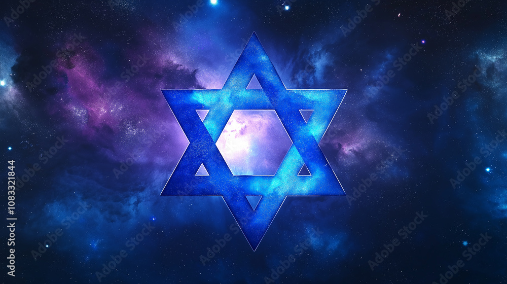 Aufkleber bright blue star of david floating in deep space with nebulae