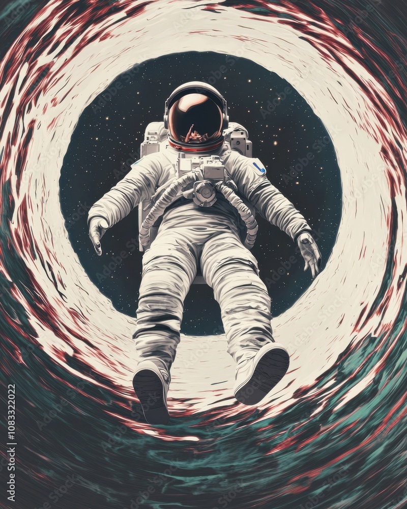 Poster astronaut floating in cosmic vortex outer space digital art sci-fi wide angle exploration theme