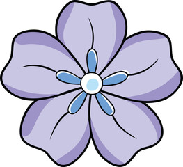 Fototapeta premium Light purple flower vector with blue center, Vector illustration of a light purple flower with five rounded petals, featuring blue inner details and a white center, in a soft and stylized design. 
