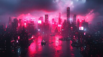 Obraz premium A futuristic cityscape illuminated in vibrant red tones at night.