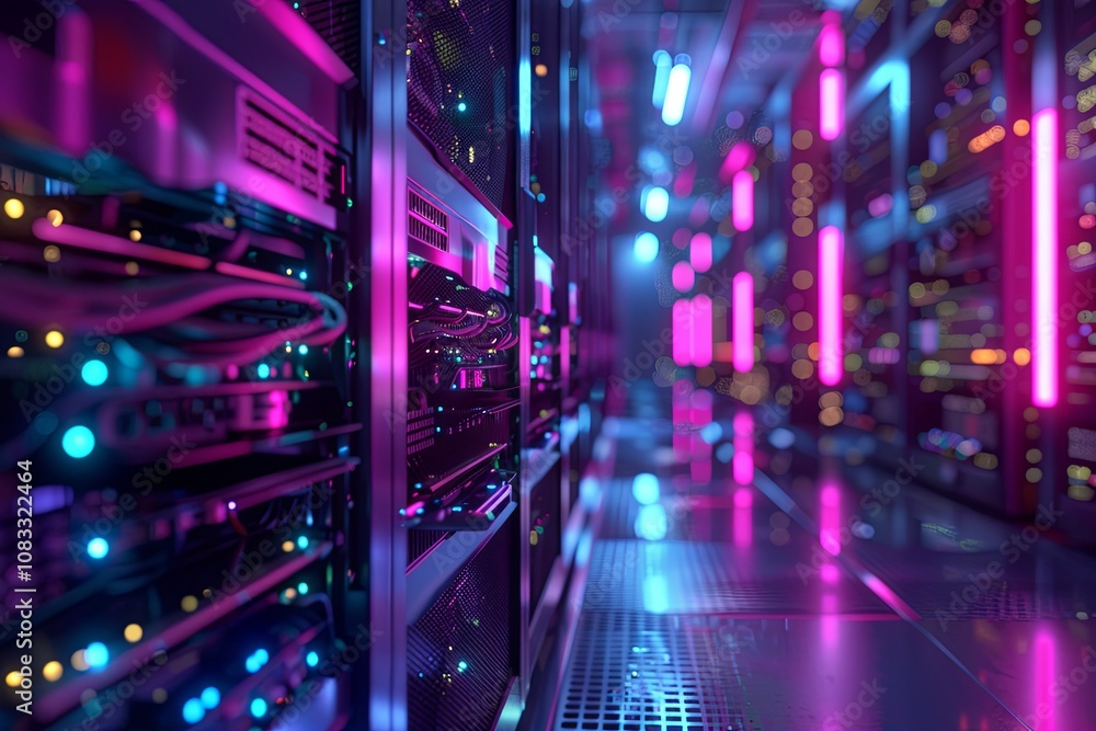 Poster colorful server room with illuminated racks showcasing advanced technology during nighttime operatio