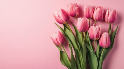 Obraz premium Pink tulips bouquet on pastel pink, perfect for spring celebrations.