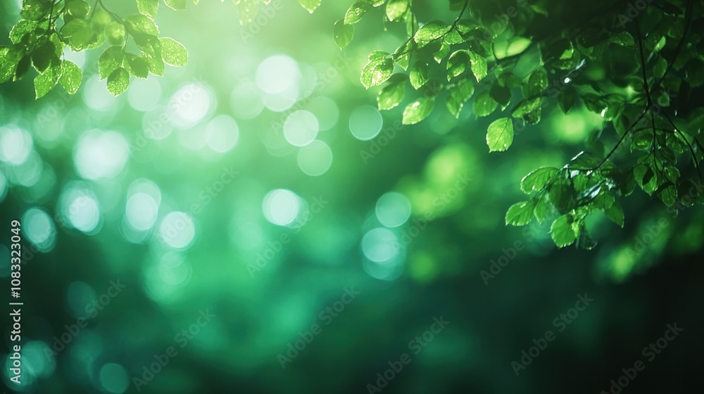 Poster dreamy green bokeh effect from out-of-focus forest light. ethereal green bokeh. nature