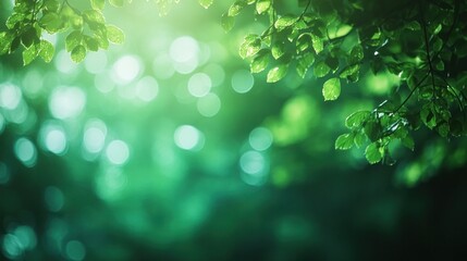 Fototapeta premium Dreamy green bokeh effect from out-of-focus forest light. Ethereal green bokeh. Nature