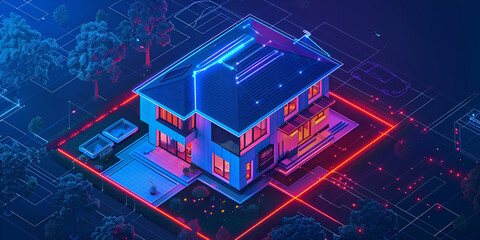Smart Home with Digital Overlay, Modern House with Smart Technology Integration